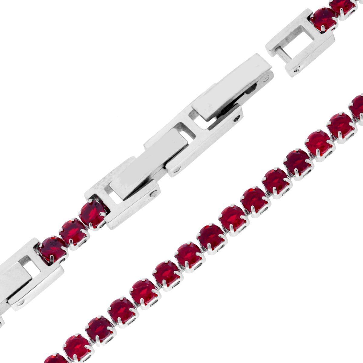 Bracciale Tennis Griffe cm 16,5+4 con Crystal mm 3 Rosso Rubino regolabile in ACCIAIO<BR>