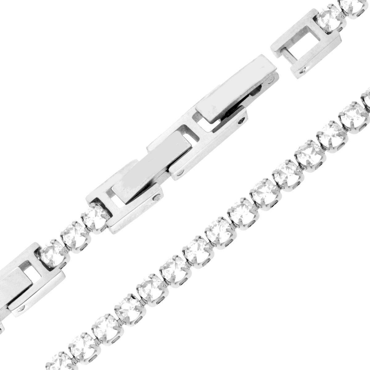 Bracciale Tennis Griffe cm 16.5+4 con Crystal mm 3 Bianchi regolabile in ACCIAIO<BR>