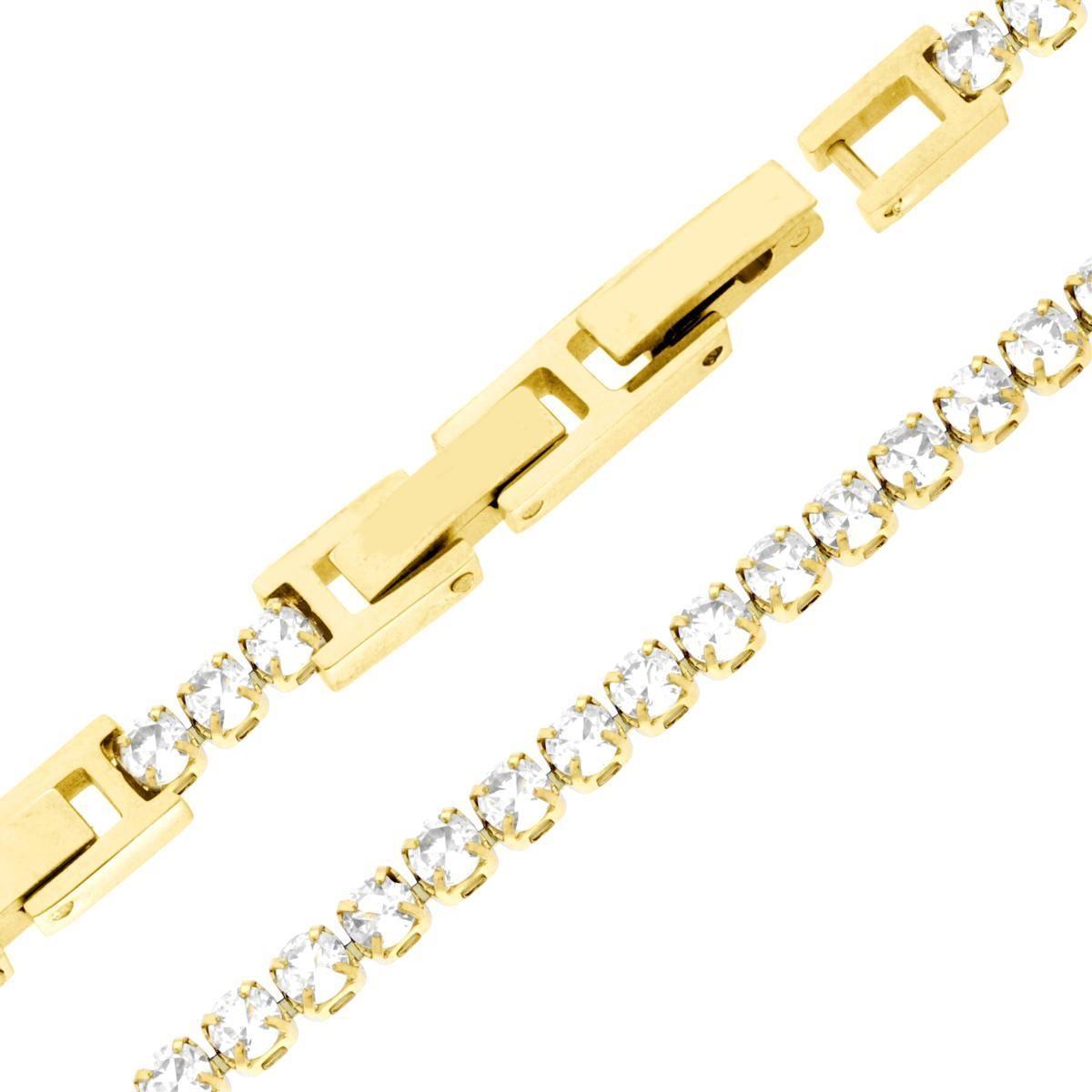 Bracciale Tennis Griffe cm 16.5+4 con Crystal mm 3 Bianchi regolabile in ACCIAIO<BR> colore Oro