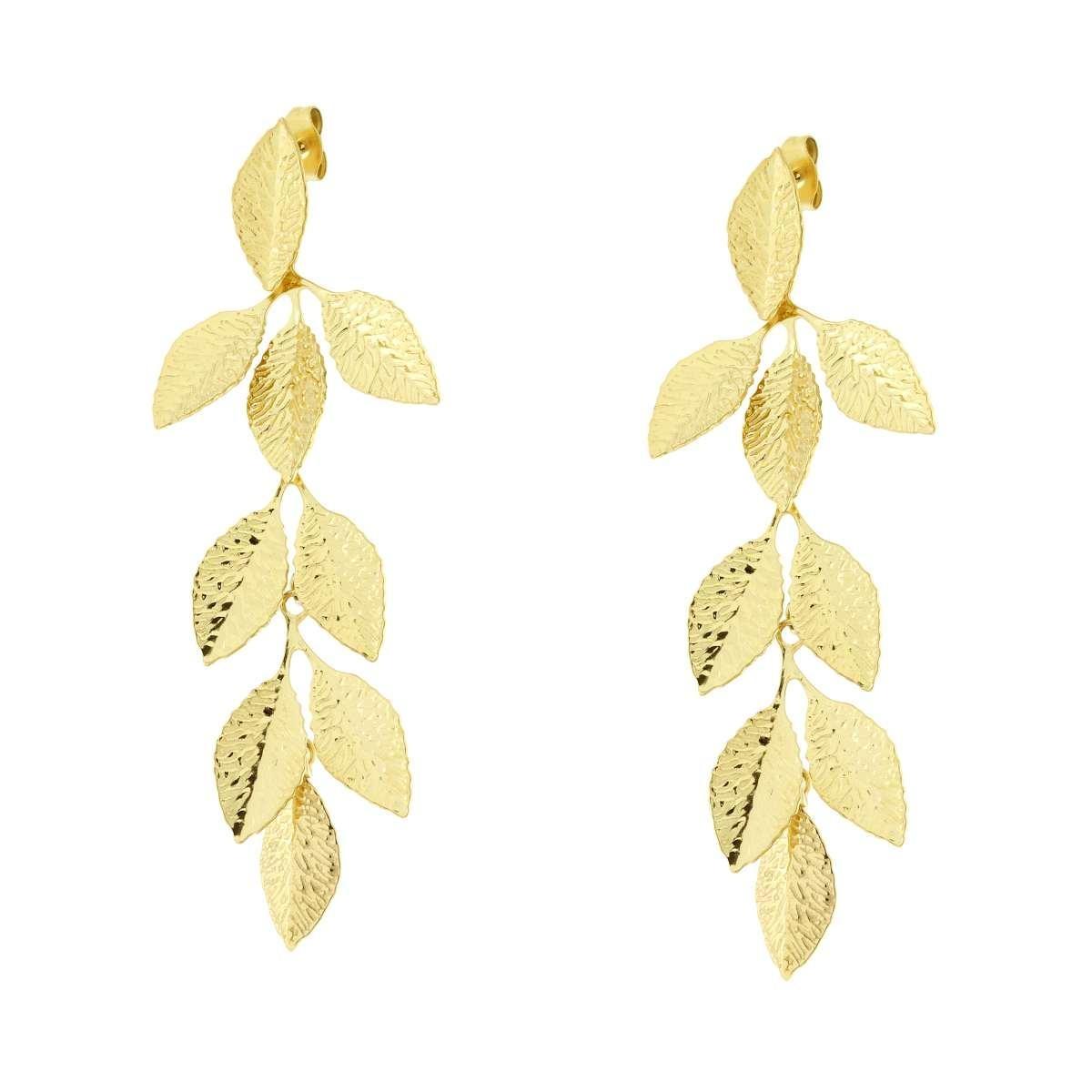 Orecchini Lunghi con Foglie pendenti con Venature Martellate in ACCIAIO colore Oro