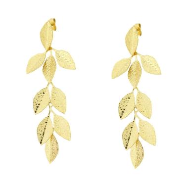 Orecchini Lunghi con Foglie pendenti con Venature Martellate in ACCIAIO colore Oro