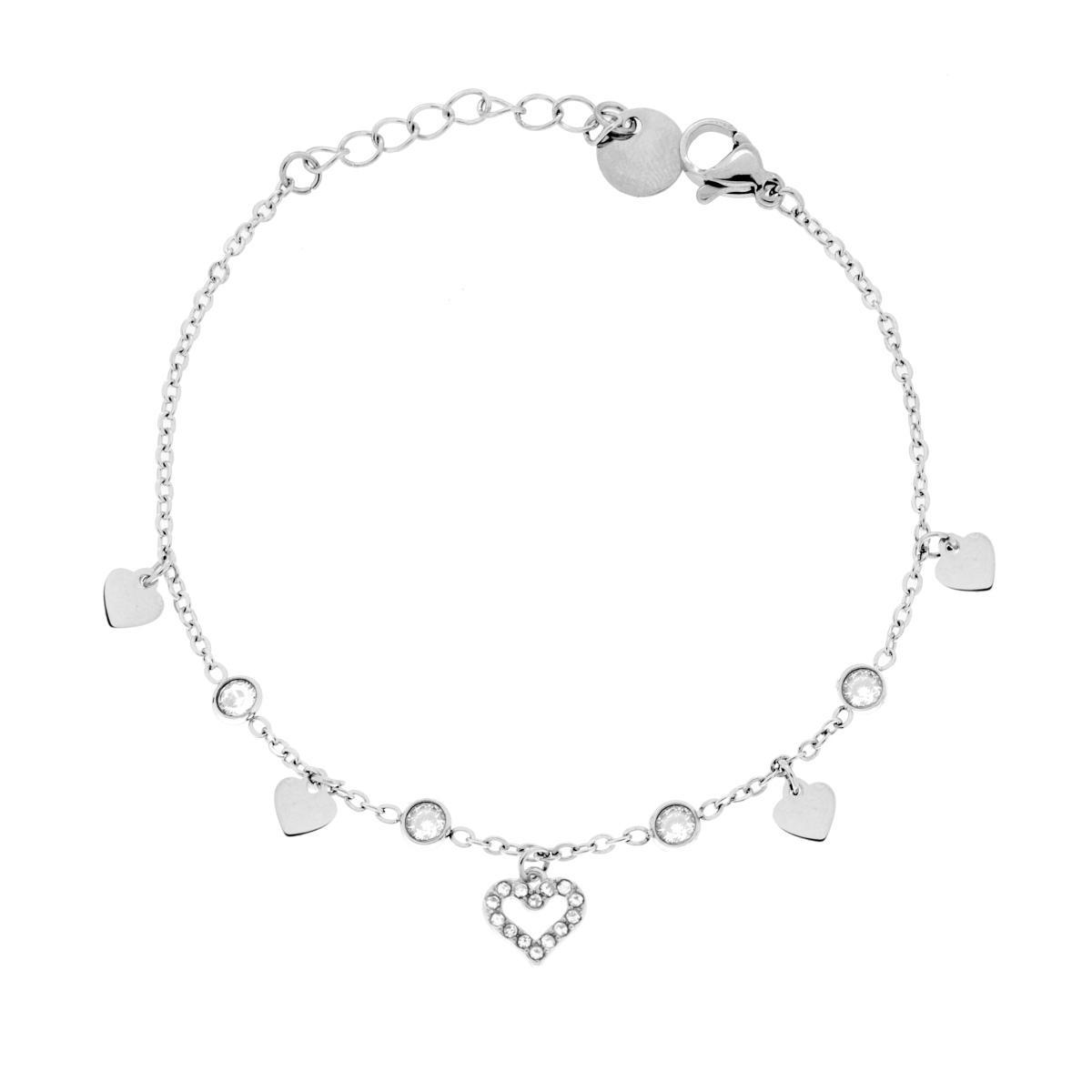 Bracciale Catena Forzatina Diamantata con Cuori pendenti e Crystal Bianchi in ACCIAIO<BR>