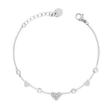 Bracciale Catena Forzatina Diamantata con Cuori e Crystal Bianchi in ACCIAIO<BR>