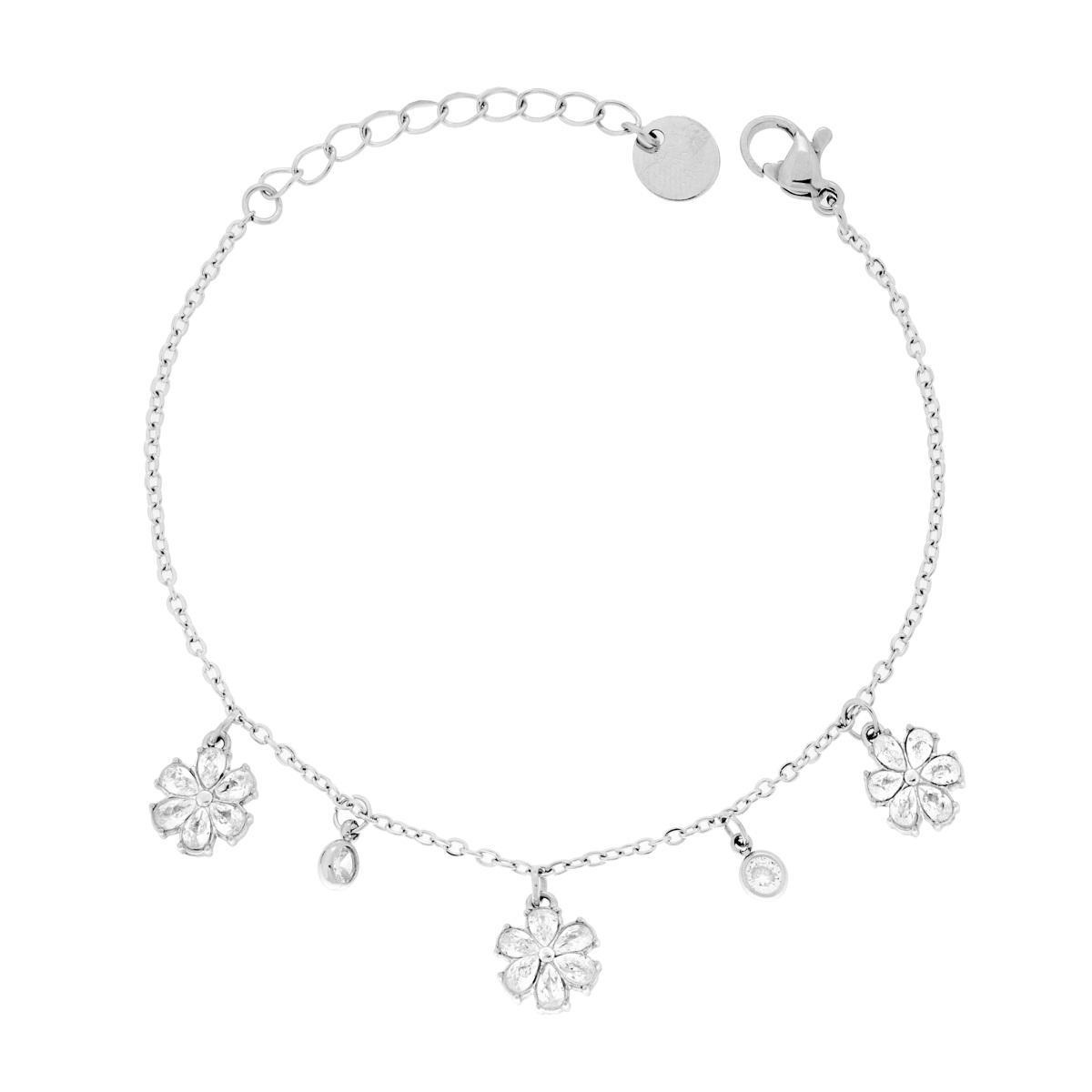 Bracciale Catena Forzatina Diamantata con Fiori pendenti e Crystal Bianchi in ACCIAIO<BR>