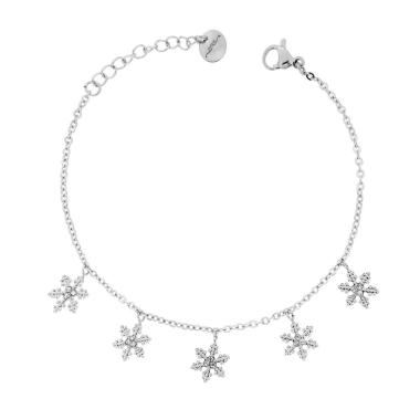 Bracciale Catena Forzatina Diamantata Con Fiocco di Neve e Crystal Bianchi in ACCIAIO