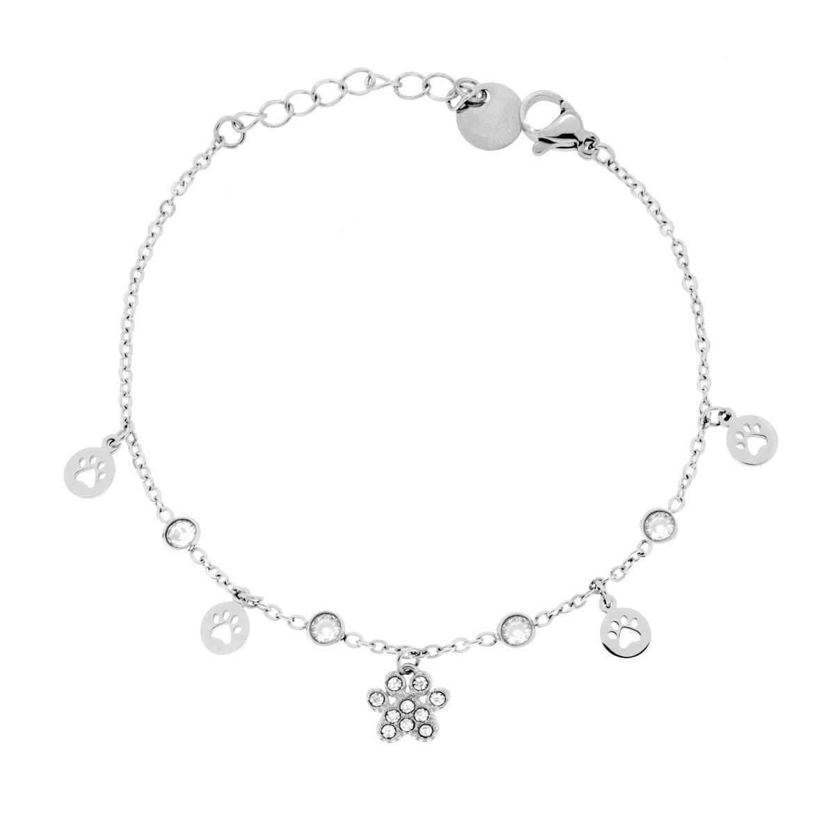 Bracciale Catena Forzatina Diamantata con Impronta Zampa Cane pendenti e Crystal Bianchi in ACCIAIO<BR>