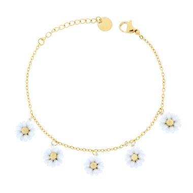 Bracciale Catena Forzatina Diamantata con Fiori Smalto Bianco in ACCIAIO colore Oro<BR>
