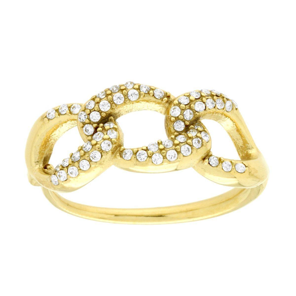 Anello Fascia Catena Grumetta con Crystal Bianchi in ACCIAIO colore Oro<BR>