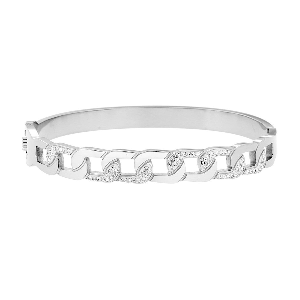 Bracciale Rigido modello Schiava Catena Grumetta con Crystal Bianchi in ACCIAIO<BR>