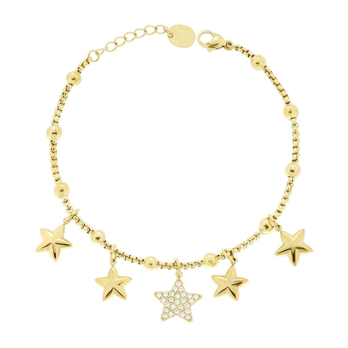 Bracciale Catena Veneziana Charms Stelle pendenti con Crystal Bianchi in ACCIAIO colore Oro<BR>