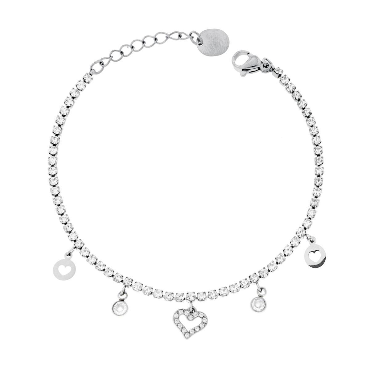 Bracciale Tennis con Cuori pendenti e Crystal Bianchi in ACCIAIO <BR>