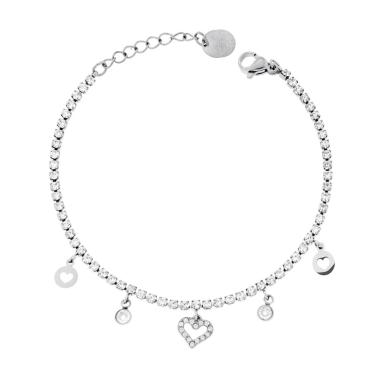 Bracciale Tennis con Cuori pendenti e Crystal Bianchi in ACCIAIO <BR>