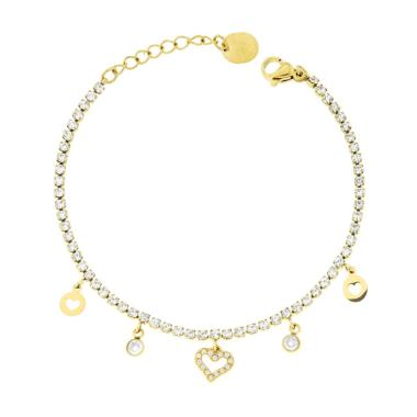 Bracciale Tennis con Cuori pendenti e Crystal Bianchi in ACCIAIO colore Oro<BR>