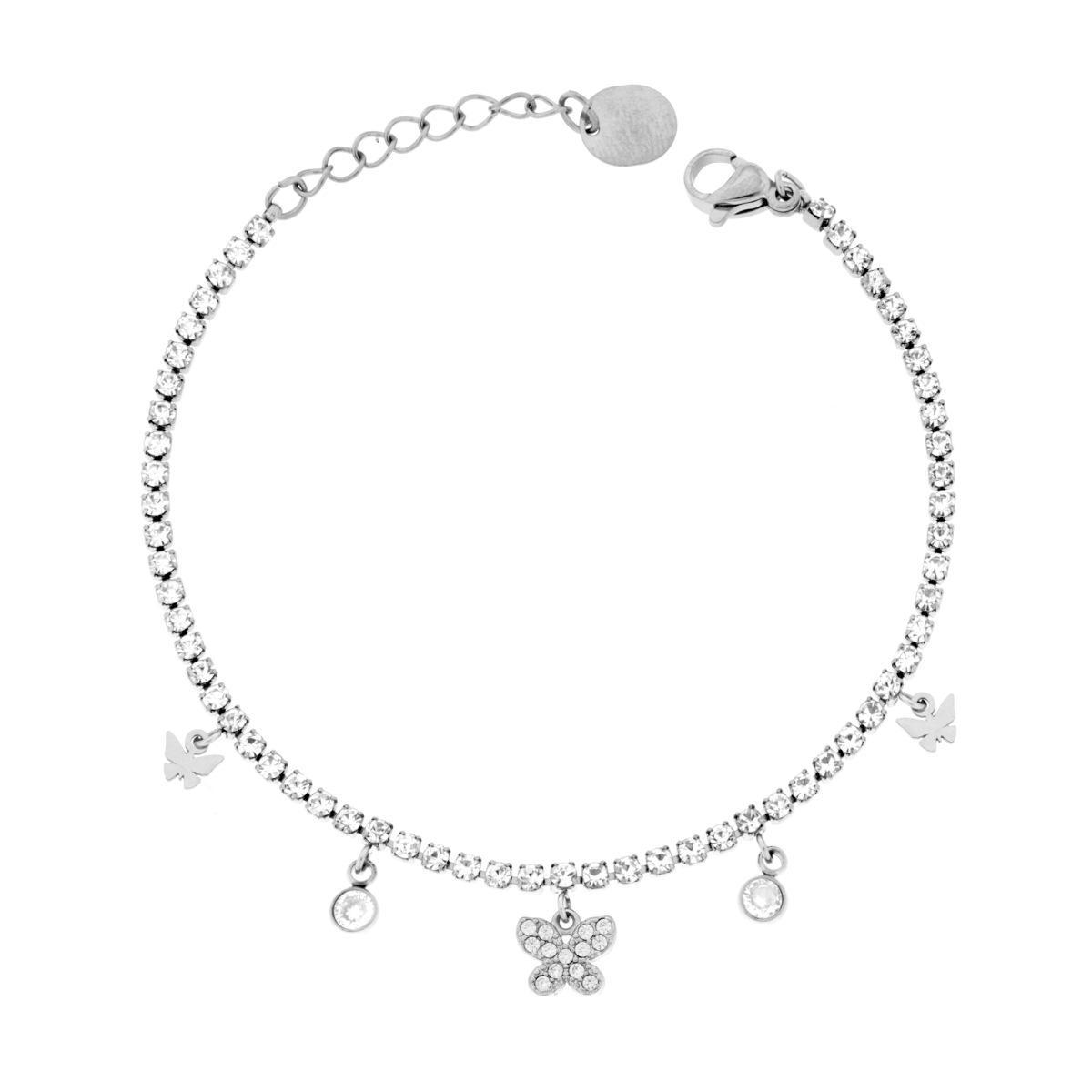 Bracciale Tennis con Farfalle pendenti e Crystal Bianchi in ACCIAIO <BR>
