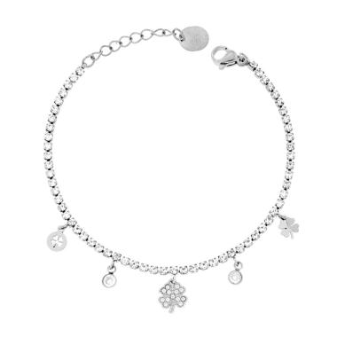 Bracciale Tennis con Quadrifogli pendenti e Crystal Bianchi in ACCIAIO <BR>