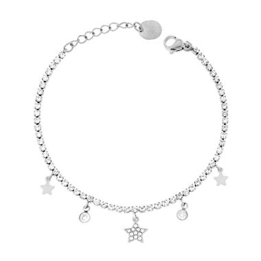 Bracciale Tennis con Stelle pendenti e Crystal Bianchi in ACCIAIO <BR>