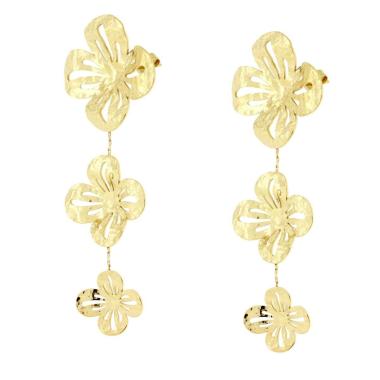 Orecchini Lunghi con Fiori Degradè pendenti con Lavorazione Martellata in ACCIAIO colore Oro<BR>