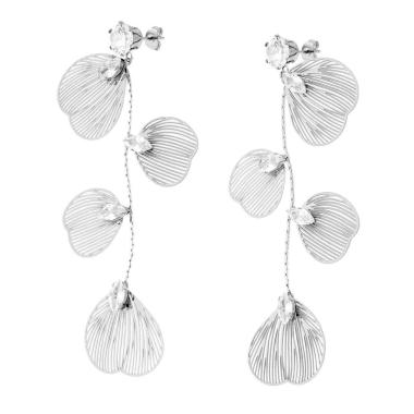 Orecchini Lunghi con Punto Luce e Petali pendenti e Crystal Bianchi Marquise in ACCIAIO <BR>