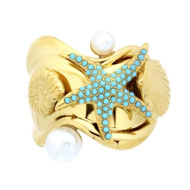 Anello Fascia con soggetti Mare Crystal Turchese e Perle Bianche in ACCIAIO colore Oro<BR>