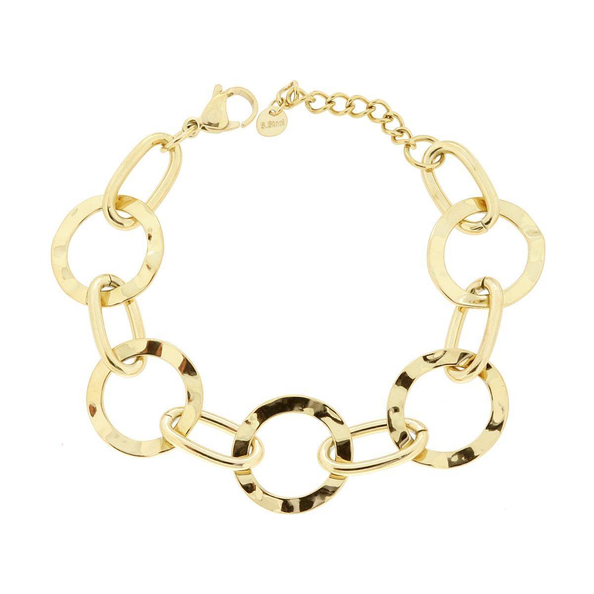 Bracciale Catena con Piastre tonde Irregolari Martellate in ACCIAIO colore Oro<BR>