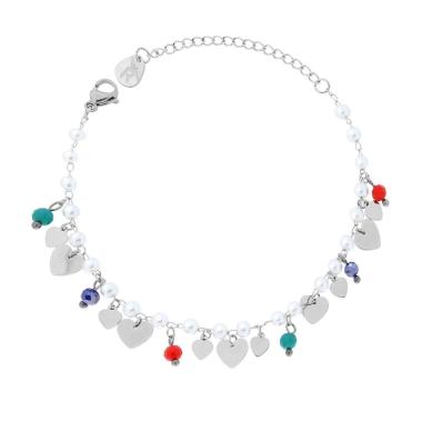 Bracciale Catena con Perle Crystal Multicolor e Cuori pendenti in ACCIAIO <BR>