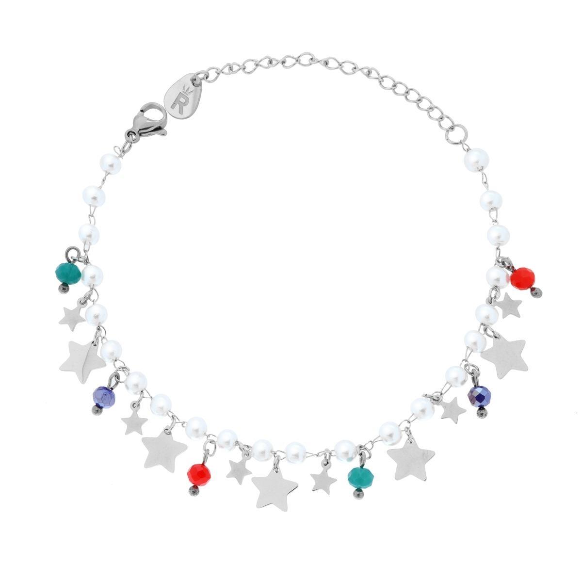 Bracciale Catena con Perle Crystal Multicolor e Stelle pendenti in ACCIAIO <BR>
