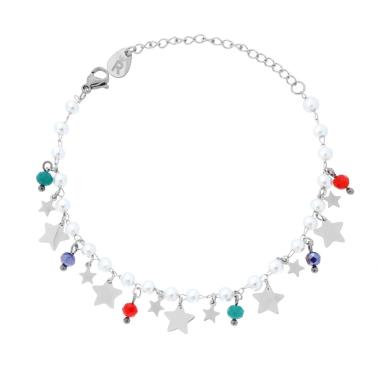 Bracciale Catena con Perle Crystal Multicolor e Stelle pendenti in ACCIAIO <BR>