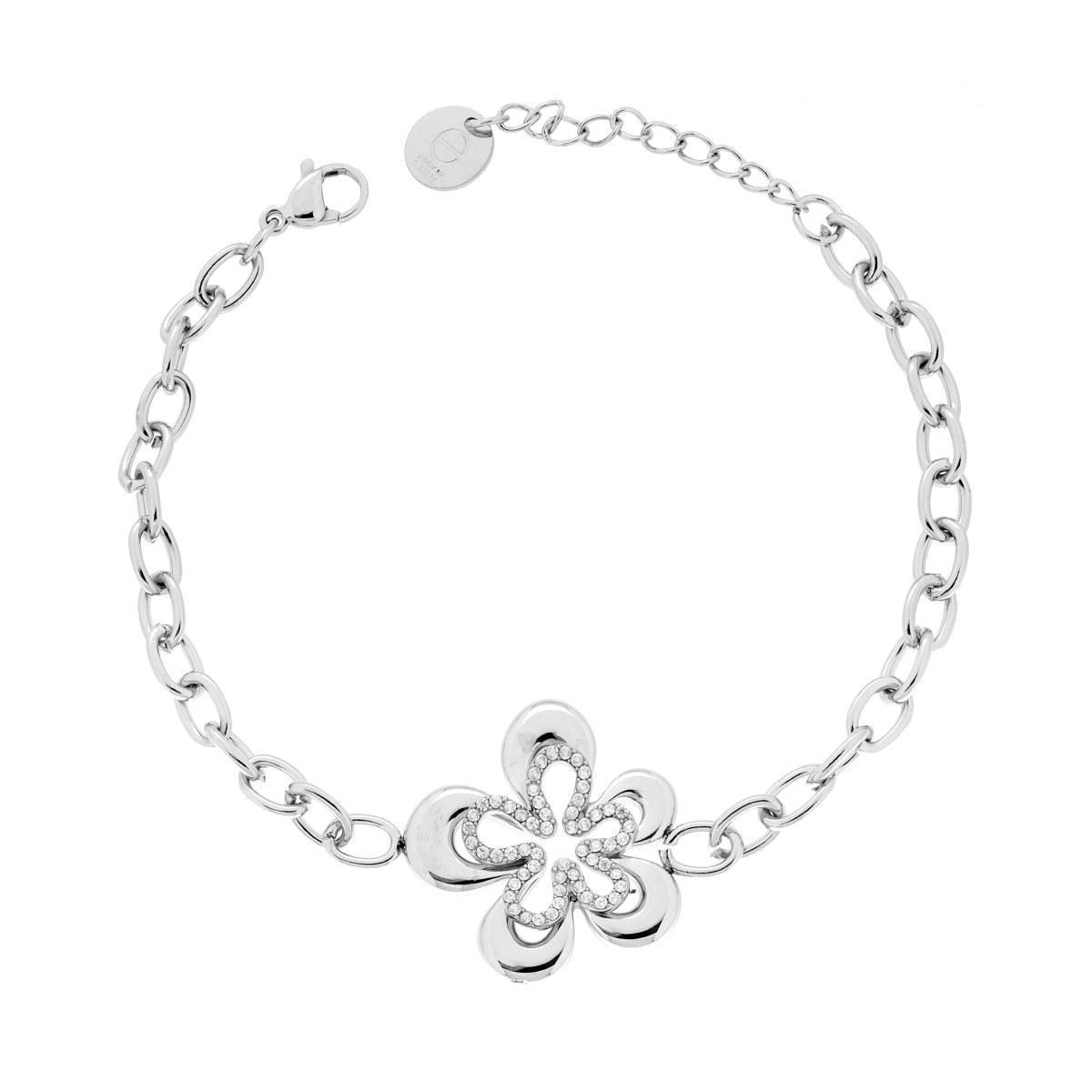 Bracciale Catena Forzatina con Fiore centrale e Crystal Bianchi in ACCIAIO<BR>