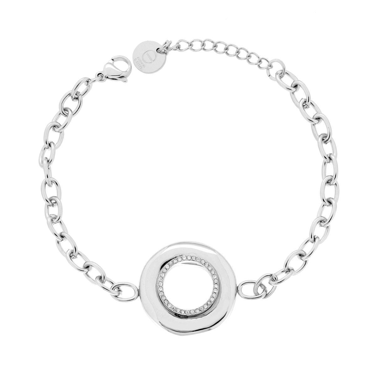 Bracciale Catena Forzatina con Tondo centrale e Crystal Bianchi in ACCIAIO<BR>