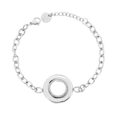Bracciale Catena Forzatina con Tondo centrale e Crystal Bianchi in ACCIAIO<BR>
