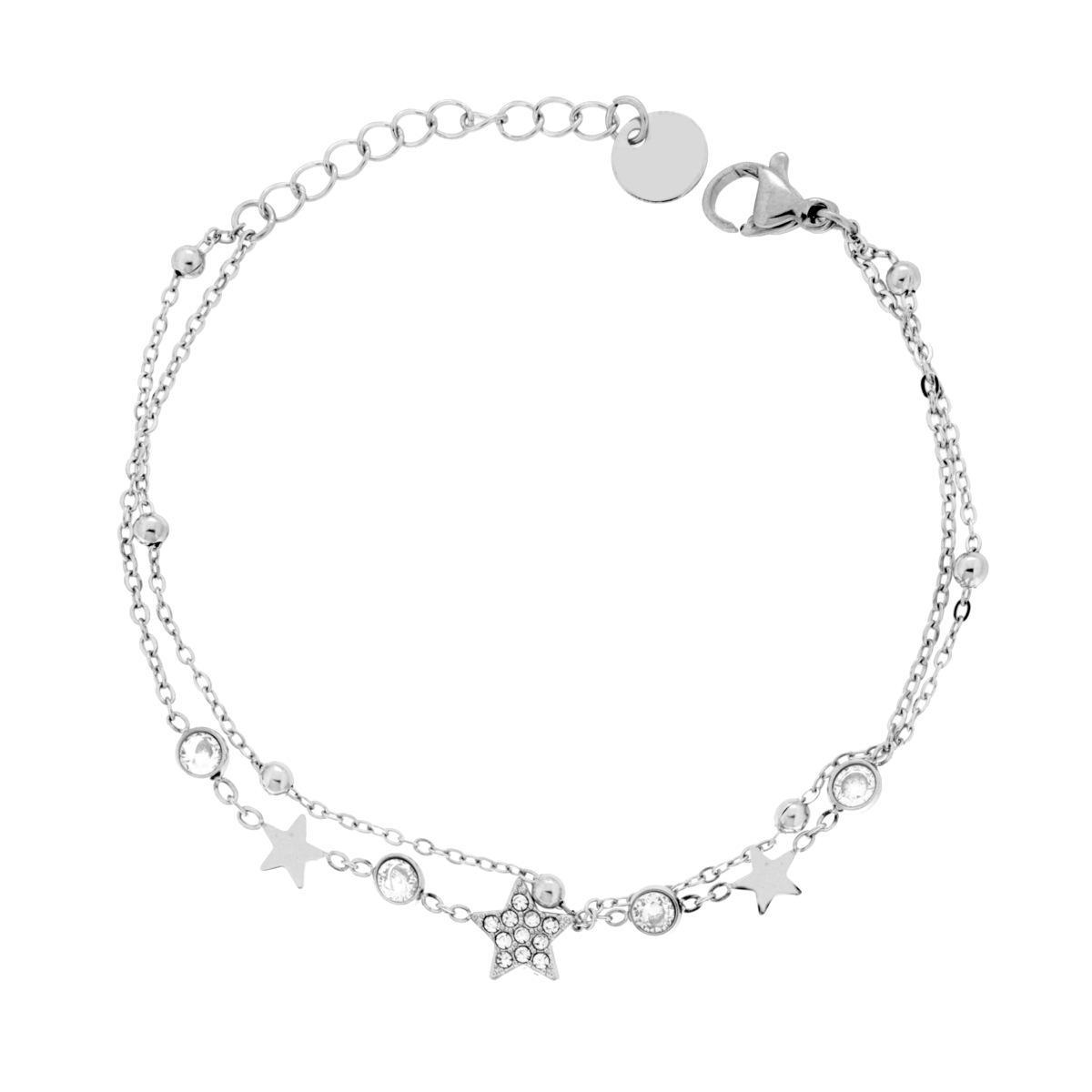 Bracciale due fili Catena Forzatina Diamantata con Stelle e Crystal Bianchi in ACCIAIO<BR>