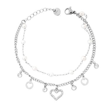 Bracciale due fili Catena Forzatina e Grumetta con Cuori pendenti Crystal Bianchi e Perle in ACCIAIO