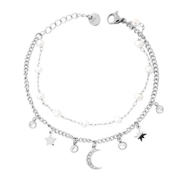 Bracciale due fili Catena Forzatina e Grumetta con Luna e Stelle pendenti Crystal Bianchi e Perle in ACCIAIO