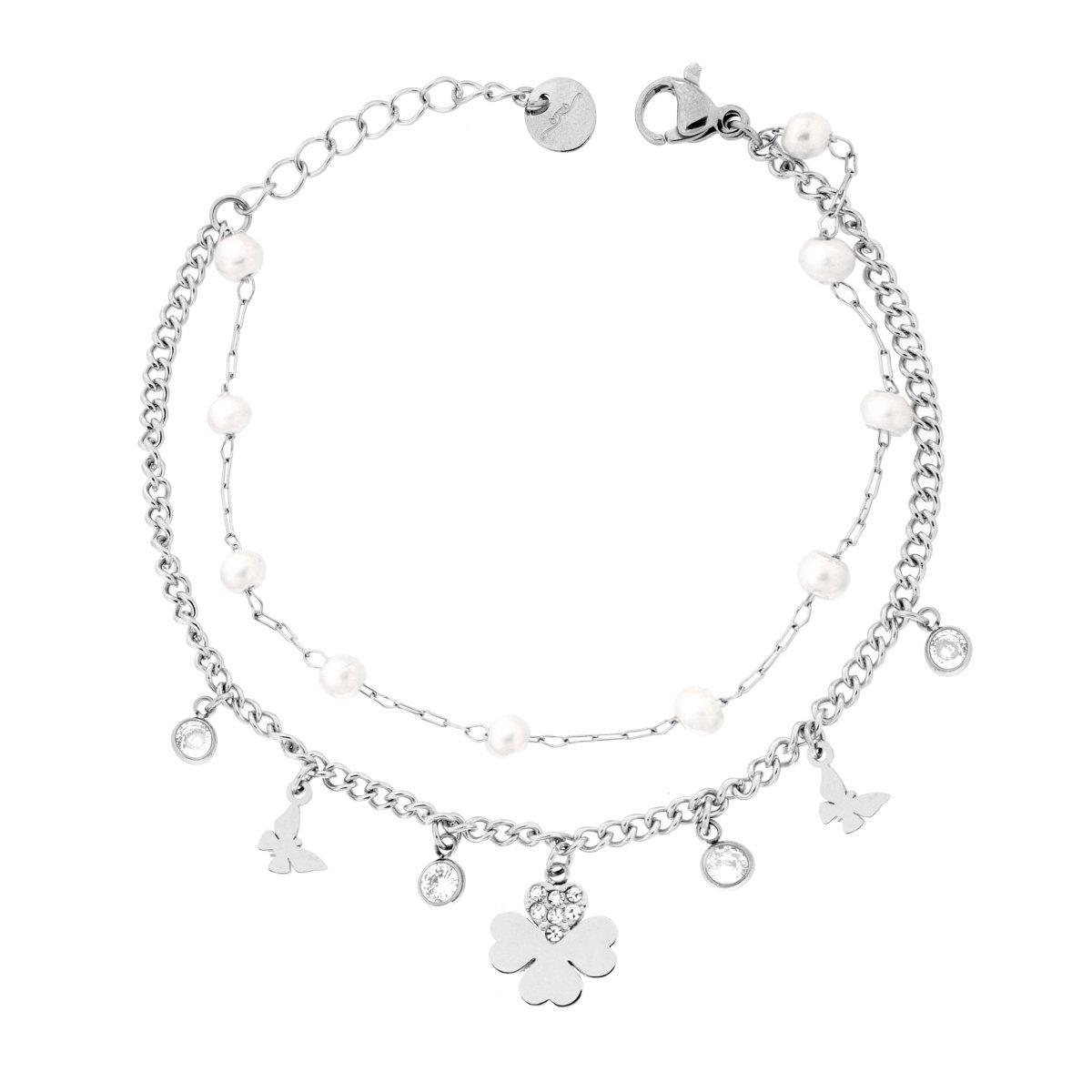 Bracciale due fili Catena Forzatina e Grumetta con Quadrifoglio e Farfalle pendenti Crystal Bianchi e Perle in ACCIAIO<BR>