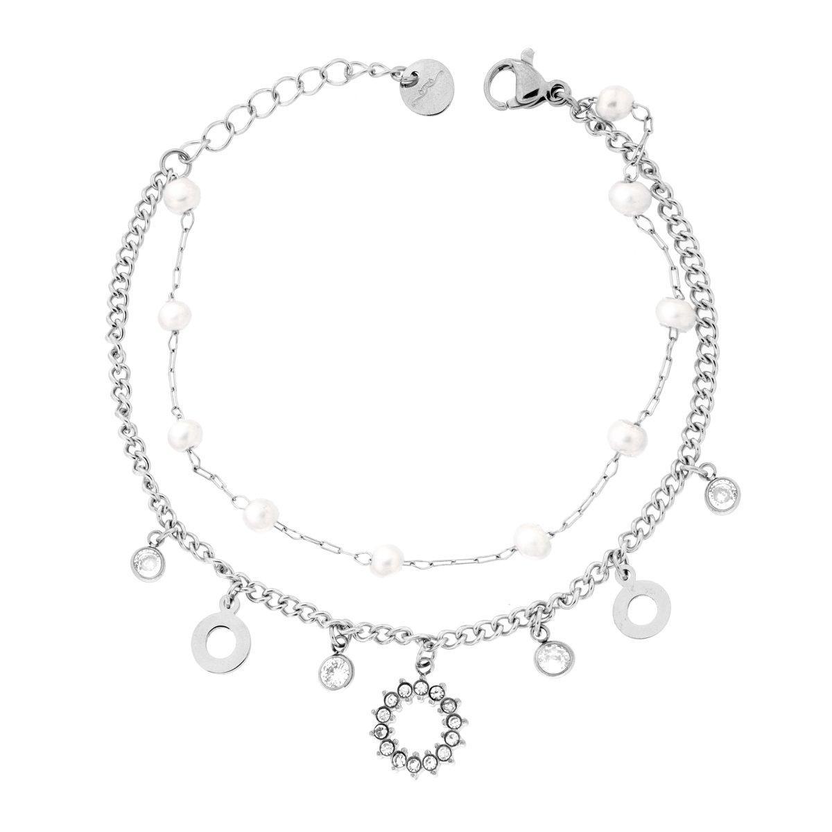 Bracciale due fili Catena Forzatina e Grumetta con Tondi pendenti Crystal Bianchi e Perle in ACCIAIO<BR>