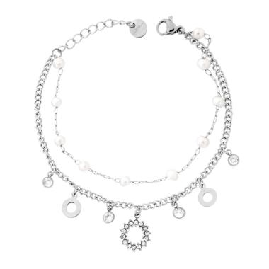 Bracciale due fili Catena Forzatina e Grumetta con Tondi pendenti Crystal Bianchi e Perle in ACCIAIO