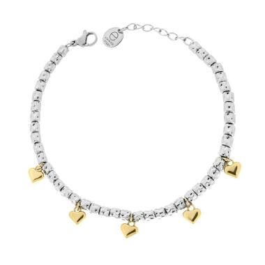 Bracciale Catena con Cilindri Martellati e Cuori Bombati colore Oro in ACCIAIO<BR>