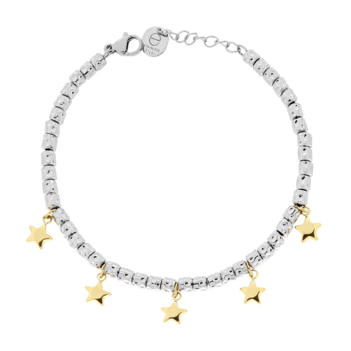 Bracciale Catena con Cilindri Martellati e Stelle Bombati colore Oro in ACCIAIO<BR>