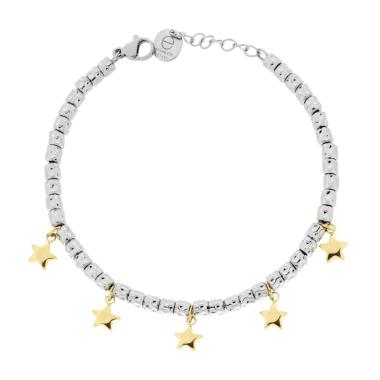 Bracciale Catena con Cilindri Martellati e Stelle Bombati colore Oro in ACCIAIO<BR>