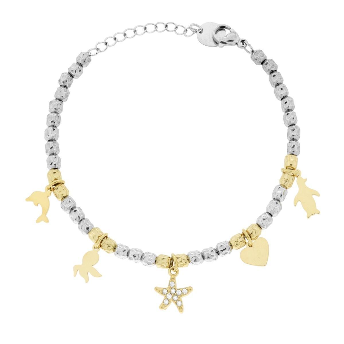 Bracciale Catena con Cilindri Martellati e Charms Mare pendenti colore Oro e Crystal Bianchi in ACCIAIO<BR>