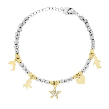Bracciale Catena con Cilindri Martellati e Charms Mare pendenti colore Oro e Crystal Bianchi in ACCIAIO<BR>