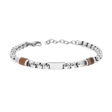 Bracciale Catena Veneziana Tonda con Pietre colore Occhio di Tigre e Targa in ACCIAIO<BR>