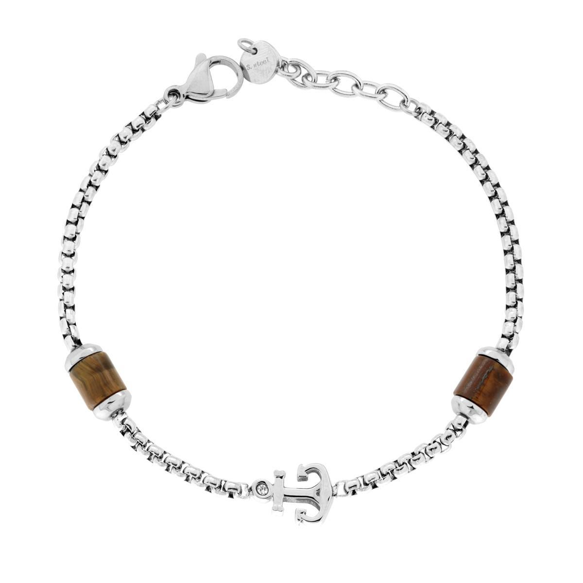 Bracciale Catena Veneziana con Ancora centrale e Pietre colore Occhio di Tigre in ACCIAIO<BR>