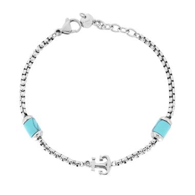 Bracciale Catena Veneziana con Ancora centrale e Pietre colore Turchese in ACCIAIO<BR>