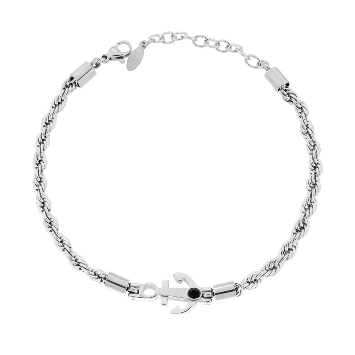 Bracciale Catena Corda Diamantata con Ancora e Crystal Nero in ACCIAIO<BR>