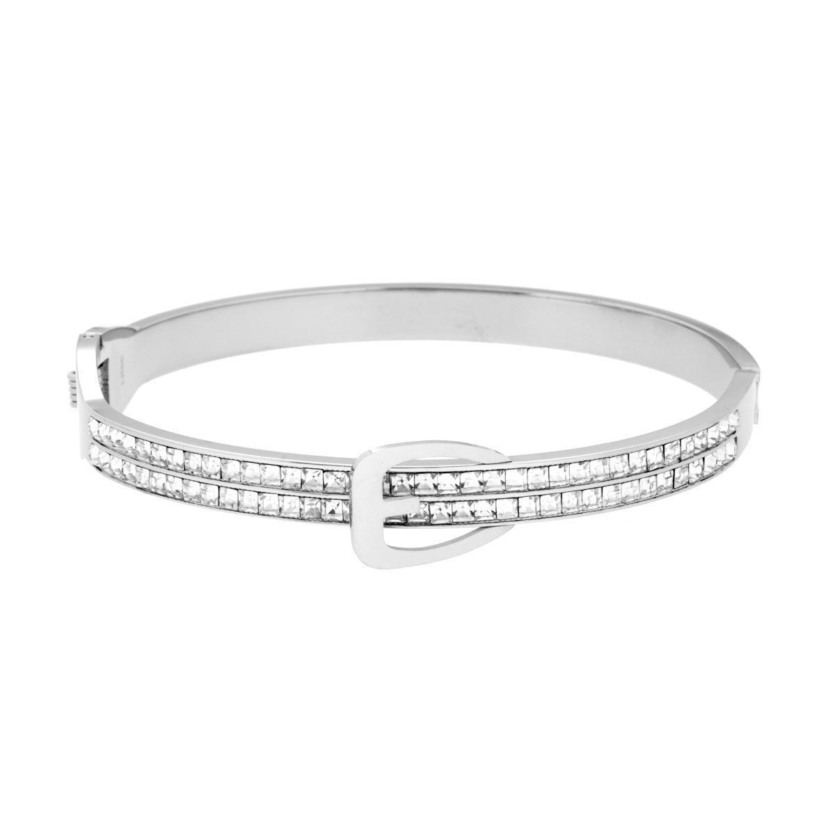 Bracciale Rigido modello Schiava Cintura con Fibbia e Crystal Bianchi in ACCIAIO<BR>