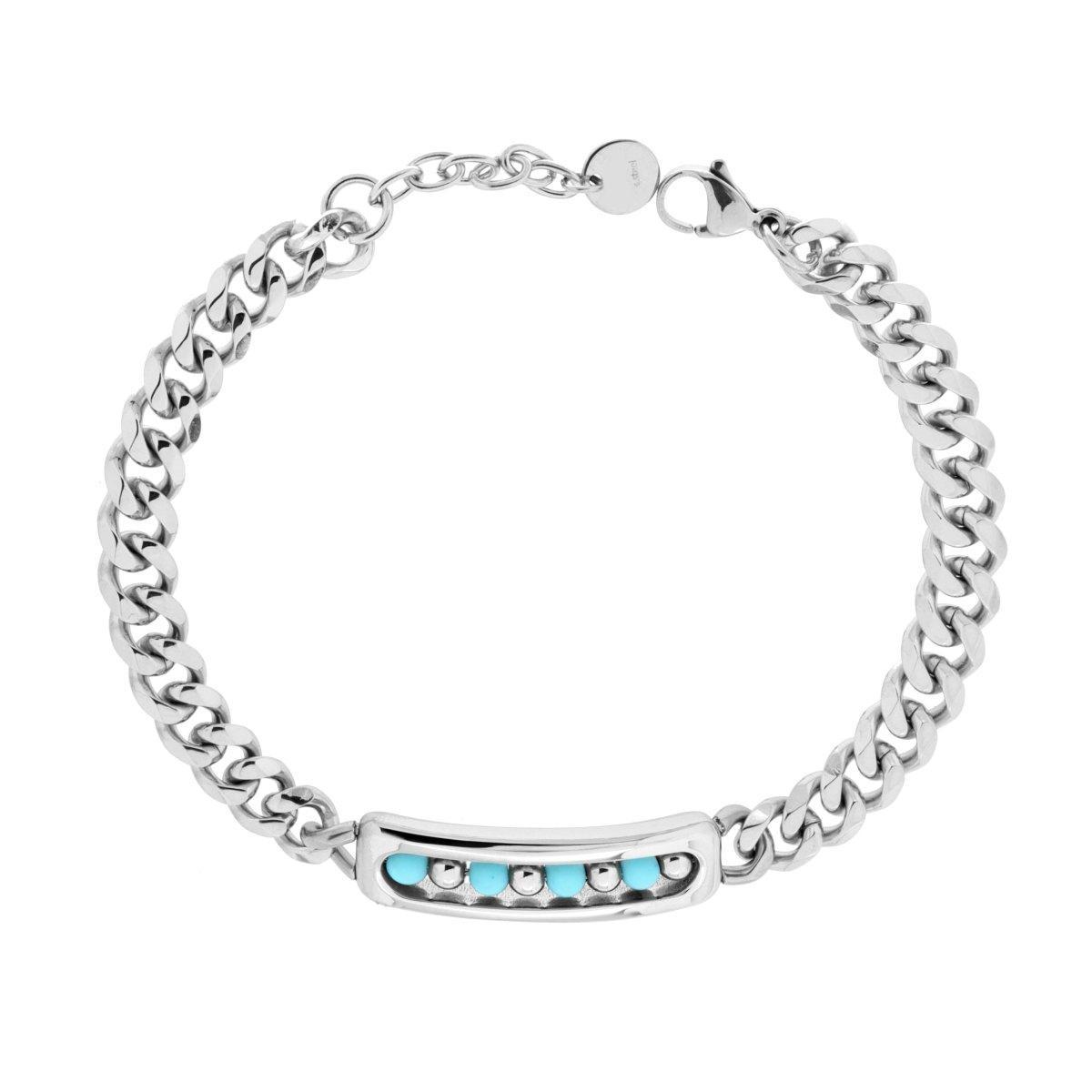 Bracciale Catena Grumetta con Targa e Pietre Tonde colore Turchese in ACCIAIO<BR>