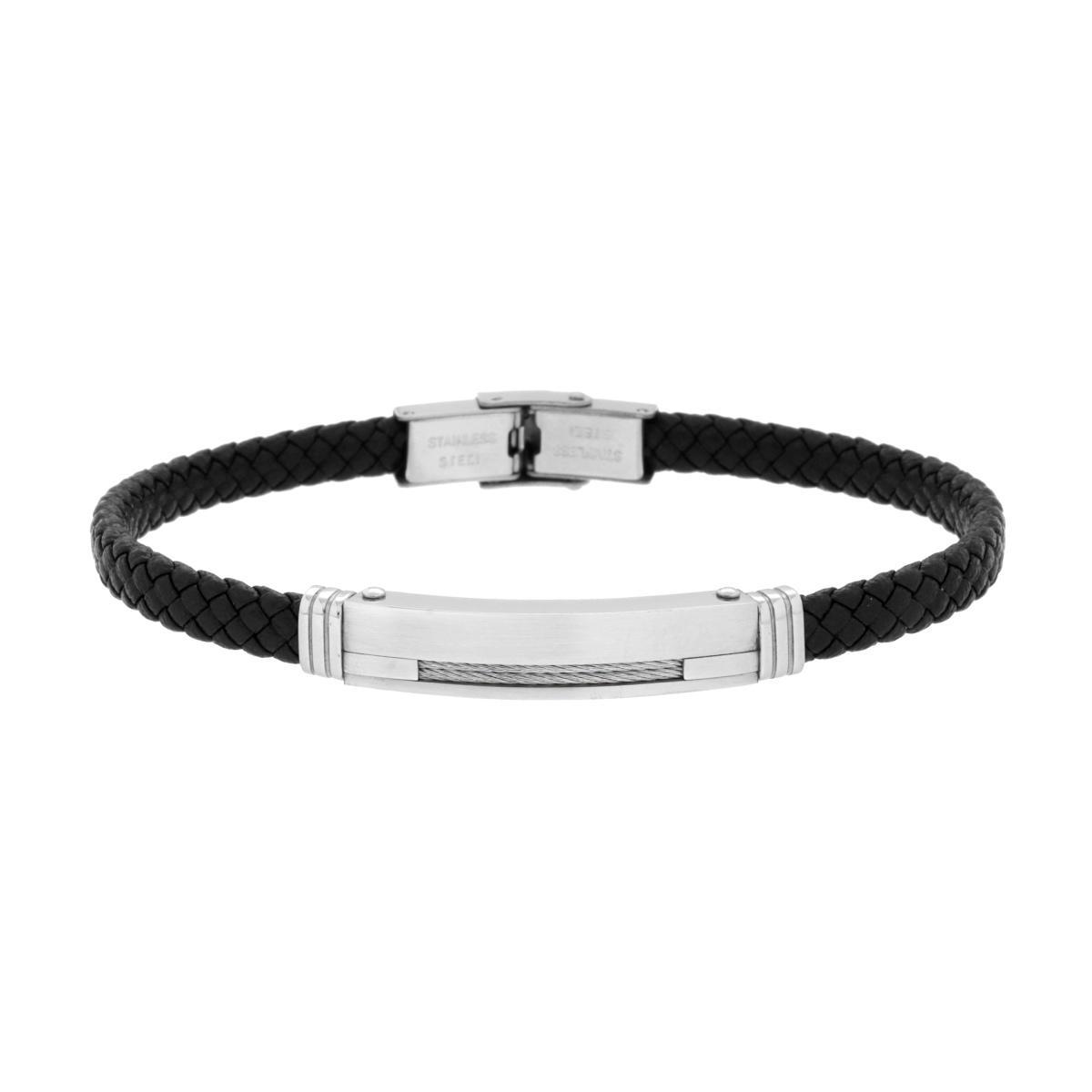 Bracciale Uomo in Ecopelle Intrecciata Nero con Targa e Fune in ACCIAIO<BR>