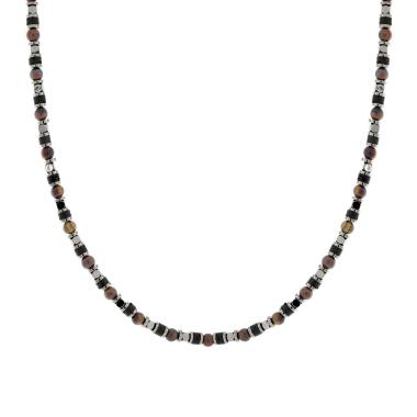 Collana Catena con Anelli Cubetti Antracite e Pietre Nero e Occhi di Tigre in ACCIAIO