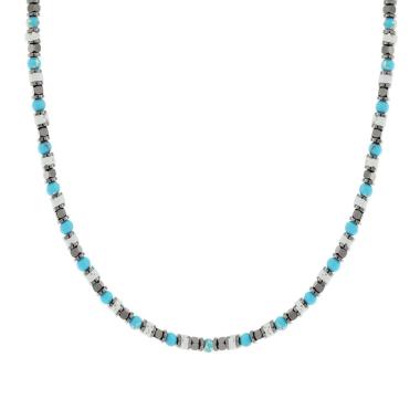 Collana Catena con Anelli Cubetti e Pietre Turchese e Bianche in ACCIAIO